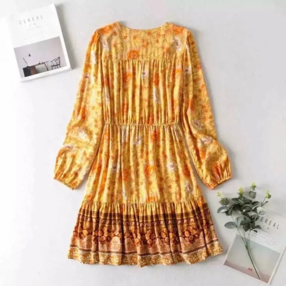SOLD OUT Boho Golden Floral Long Sleeve Gypsy Dress - Picture 4 of 10